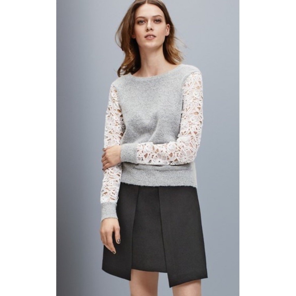 Halogen Grey Knit Sweater White Floral Lace Long Sleeve Crew Neck Pullover
